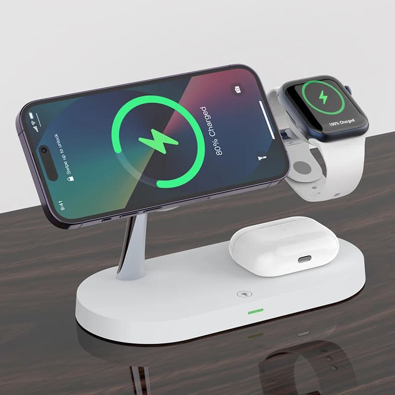 حامل شاحن لاسلكي 3 في 1 لهاتف iPhone 12/13/14/15/16/17 محطة شحن سريعة لساعة Apple 10 9 8 7 6 5 4 Airpods 2 3 Pro