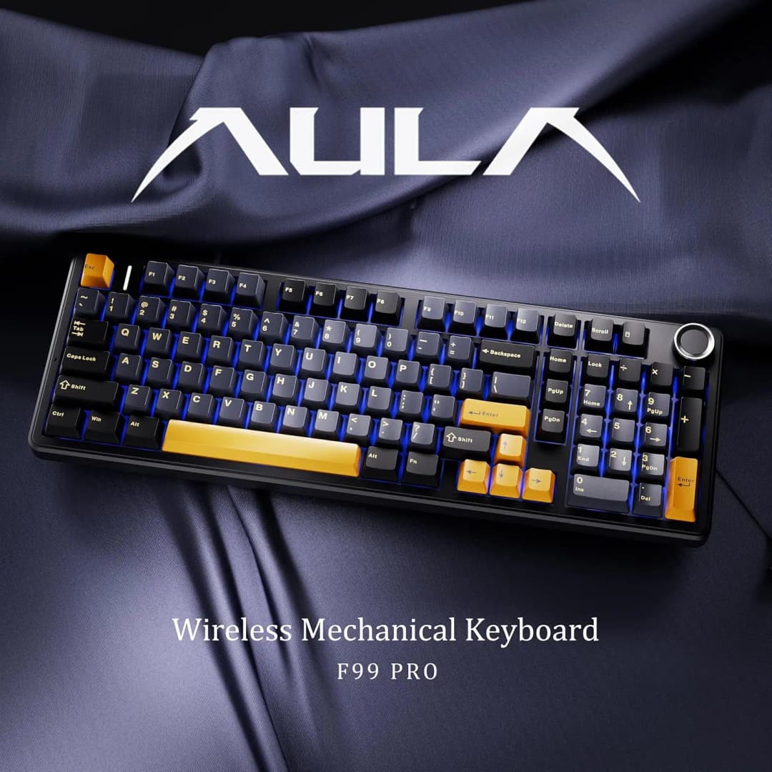 لوحة مفاتيح ميكانيكية للألعاب AULA F99PRO، 99 مفتاح، وضع ثلاثي لاسلكي، مفاتيح قابلة للتبديل السريع، هيكل Gasket، مع مقبض تحكم الوسائط