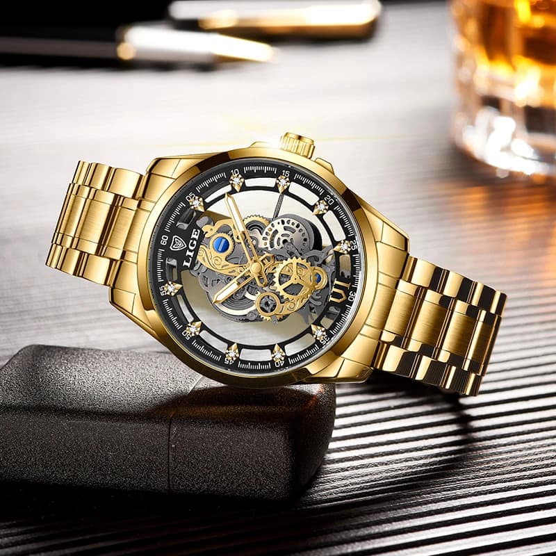 2026 LIGE Men Watch Skeleton Automatic Quartz Watch Gold Skeleton Vintage Man Watch Mens Watches Top Brand Luxury часы мужские - 4