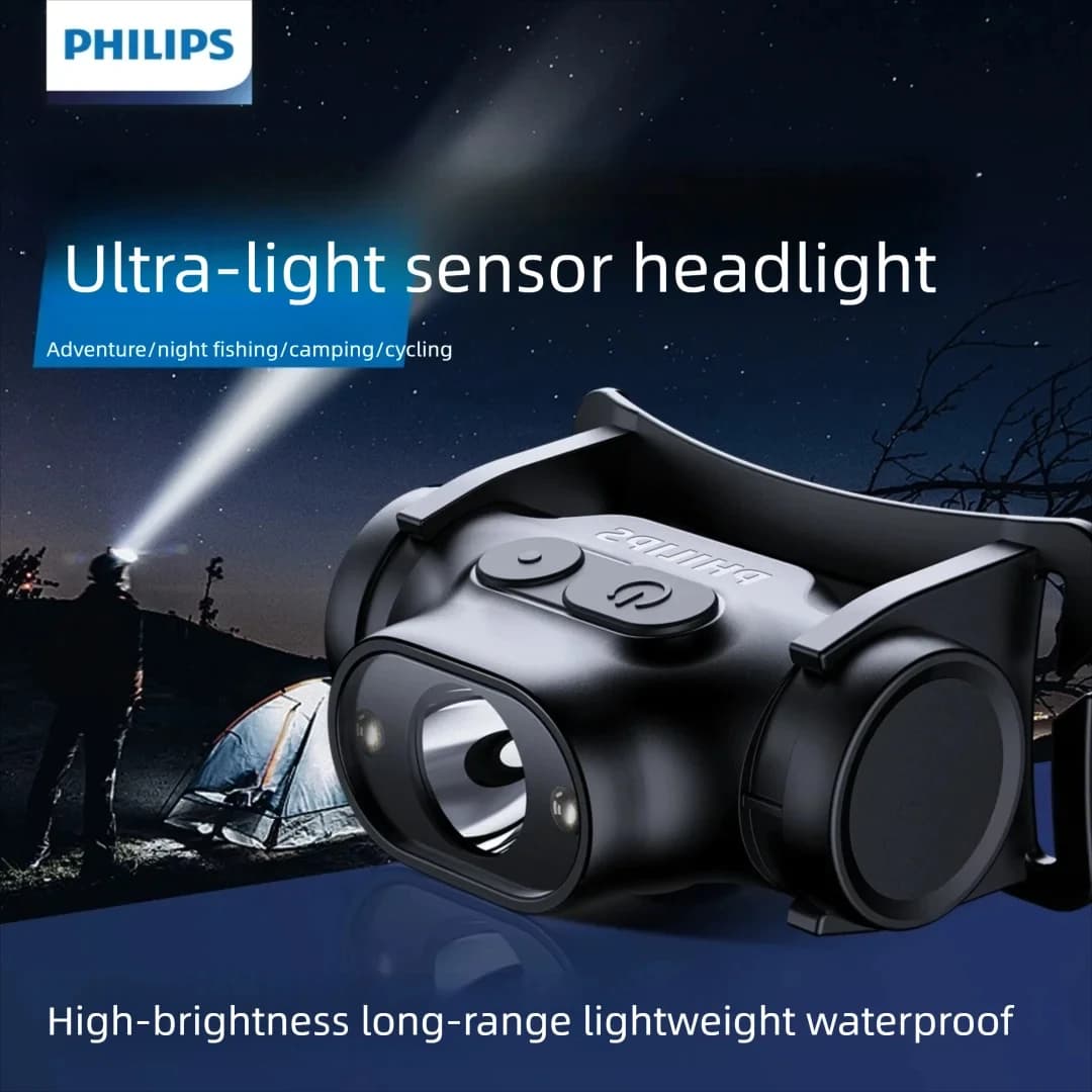 Philips مصباح رأس LED جديد مع مستشعر و 10 أنواع إضاءة قابل لإعادة الشحن للعمل في الهواء الطلق والتخييم والصيد