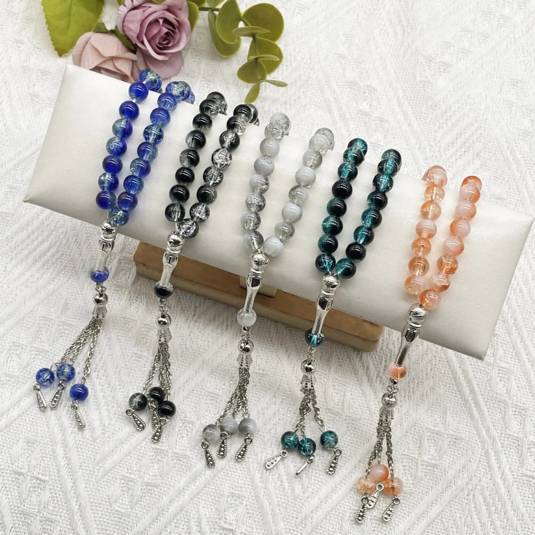 New 33 Beads 8mm Cracked Glass Tasbih, Muslim Prayer Beads for Daily Worship, Ramadan Holiday Gift for Women