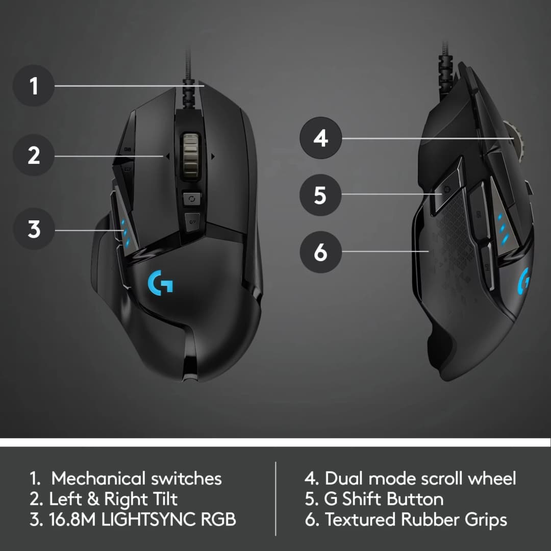 ماوس ألعاب سلكي عالي الأداء Logitech G502 HERO، مستشعر HERO 25K، دقة 25,600 DPI، إضاءة RGB، أوزان قابلة للتعديل، 11 زر للكمبيوتر/ماك - 2