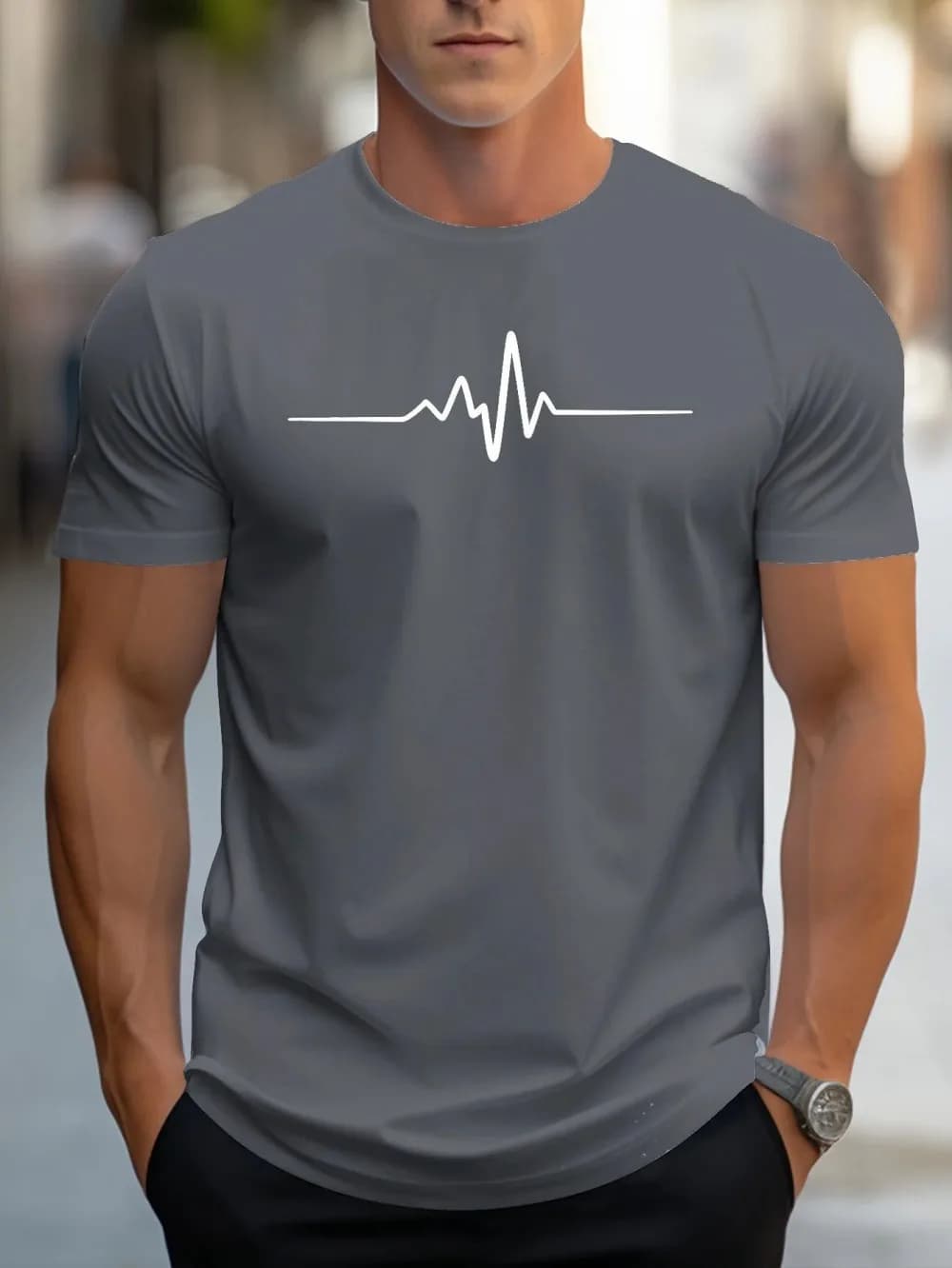 Fashionable men's summer electrocardiogram printed comfortable and breathable round neck T-shirt outdoor casual top - 5