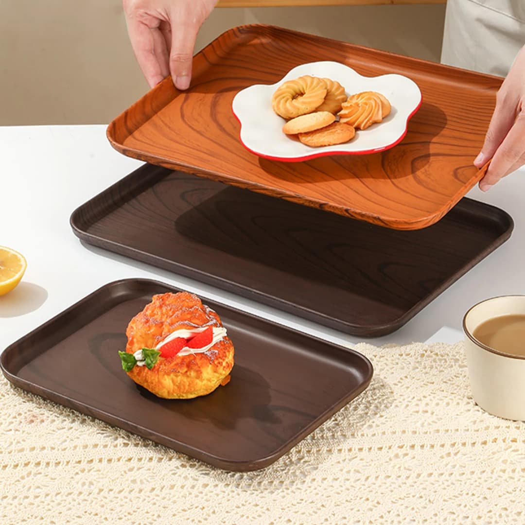 Wood Grain Plastic Food Serving Tray Stackable Dessert Fruit Tray Tea Tray Large Capacity Storage Tray Kitchen Stoage Organizer - 3