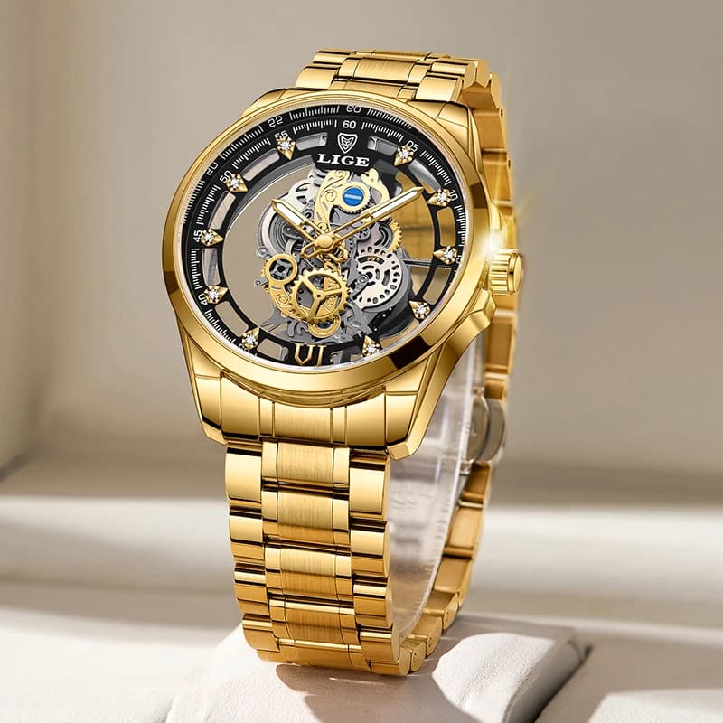 2026 LIGE Men Watch Skeleton Automatic Quartz Watch Gold Skeleton Vintage Man Watch Mens Watches Top Brand Luxury часы мужские - 2