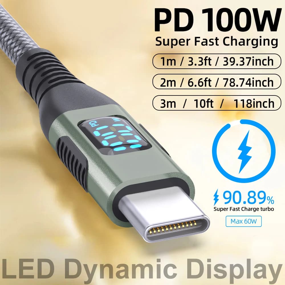 كابل USB C إلى USB C بقوة 100 واط، شحن سريع PD 5A لشاشة LED، كابل شحن مضفر من النايلون لهواتف آيفون 16 و15 وأجهزة ماك بوك وآيباد