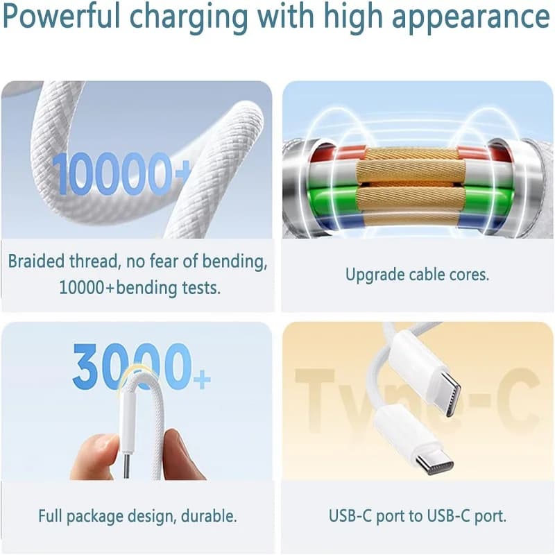 كابل شحن سريع 60W PD USB-C إلى USB C، لآيفون 17 برو ماكس و16 و15 بلس و14 و13 و12 و11 وX وXS، شحن سريع Type C - 4