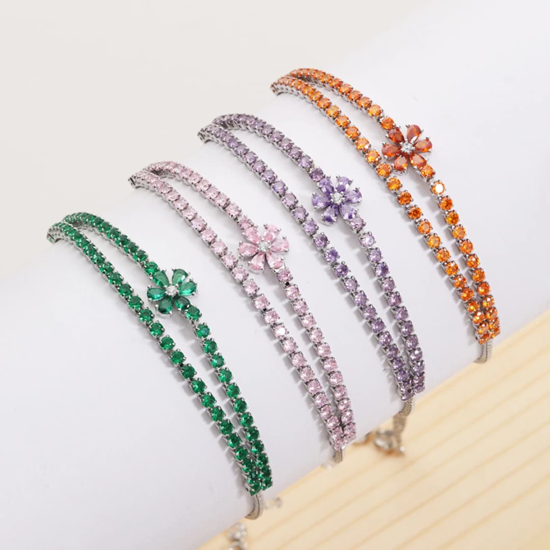 Double Layer Flower Shiny Charm CZ Tennis Bracelet for Women Zircon Jewelry Adjustable 18K Gold Plated Box Chain Bracelets Gift - 2