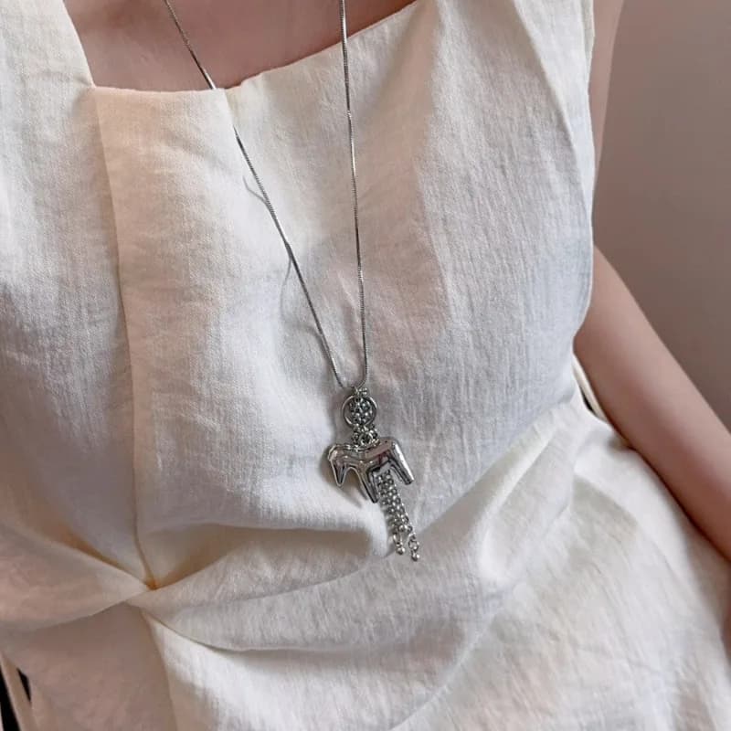 Minar INS Fashion Smooth Surface Horse Chain Tassel Pendant Necklaces for Women Silver Plated Snake Chain Long Sweater Chain - 4