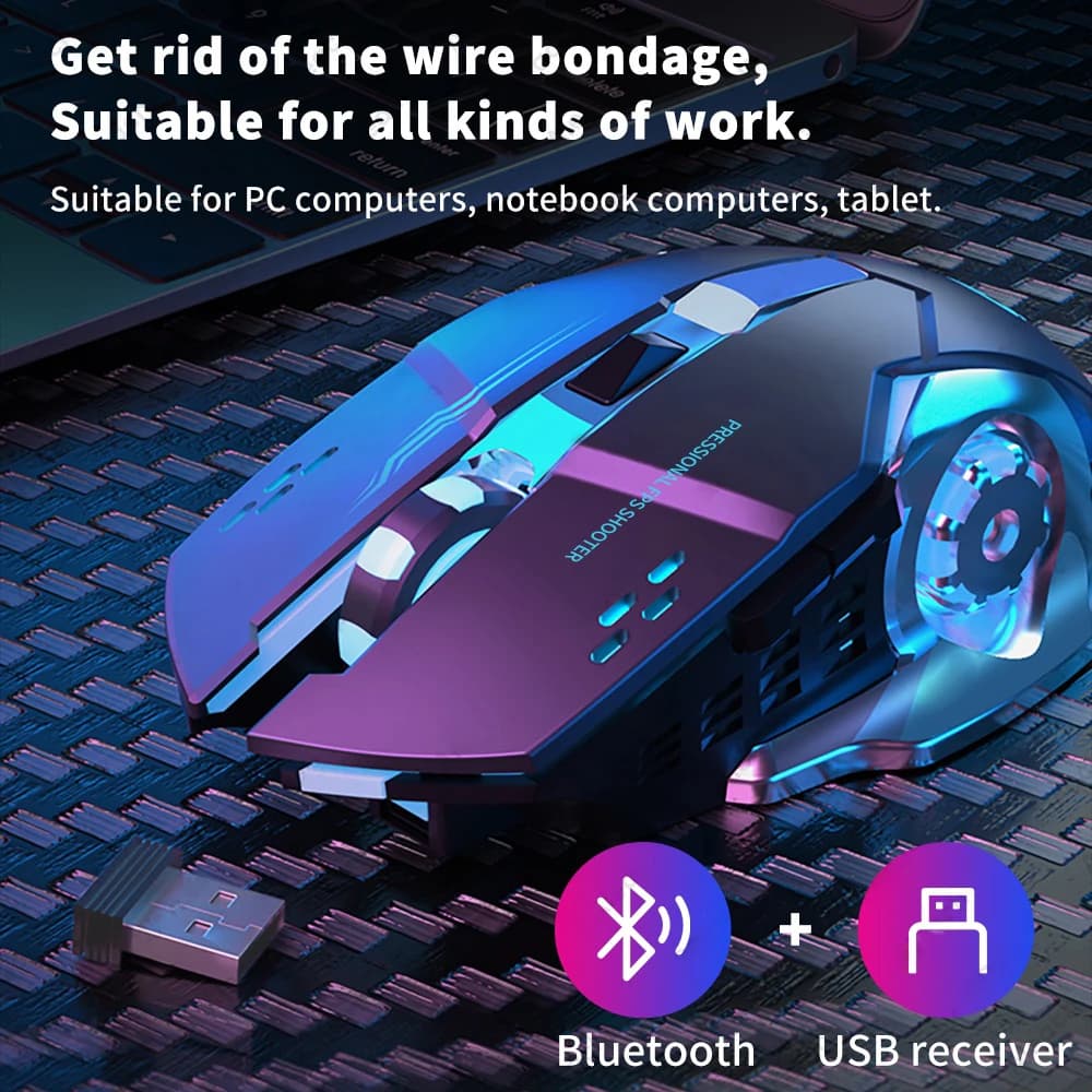 ماوس لاسلكي 2.4G USB مع بلوتوث، مريح وصامت، قابل لإعادة الشحن، مع إضاءة خلفية، مناسب للكمبيوتر المحمول وماك بوك - 2