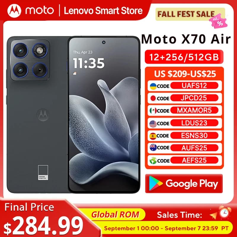 هاتف ذكي Motorola Moto X70 Air بشاشة 6.7 بوصة OLED بدقة 1.5K ومعدل تحديث 120 هرتز، معالج Snapdragon 7 Gen 4، ذاكرة تخزين عالمية، كاميرا 50 ميجابكسل، خفيف الوزن