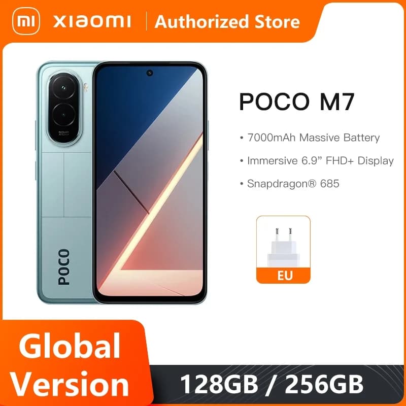 هاتف POCO M7 الإصدار العالمي، معالج Snapdragon® 685، شاشة 6.9 بوصة، 144 هرتز، FHD+، كاميرا 50 ميجابكسل، بطارية 7000 مللي أمبير، شحن سريع 33 واط، NFC