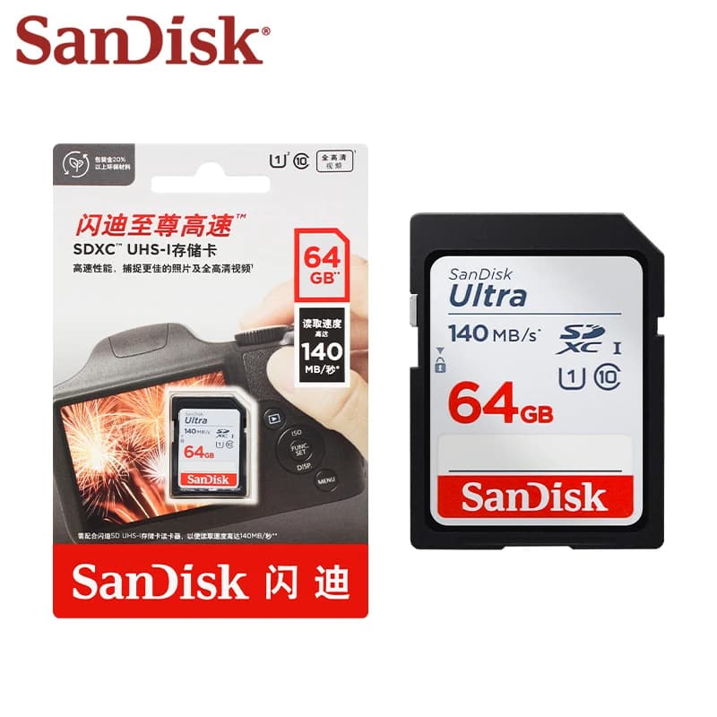بطاقة SanDisk Ultra SDXC UHS-I سعة 64 جيجابايت 128 جيجابايت 256 جيجابايت 512 جيجابايت بطاقة ذاكرة SDHC سعة 32 جيجابايت للكاميرا بسرعة قصوى 140 ميجابايت/ثانية بطاقة SD أصلية بطاقة فيديو HD - 3
