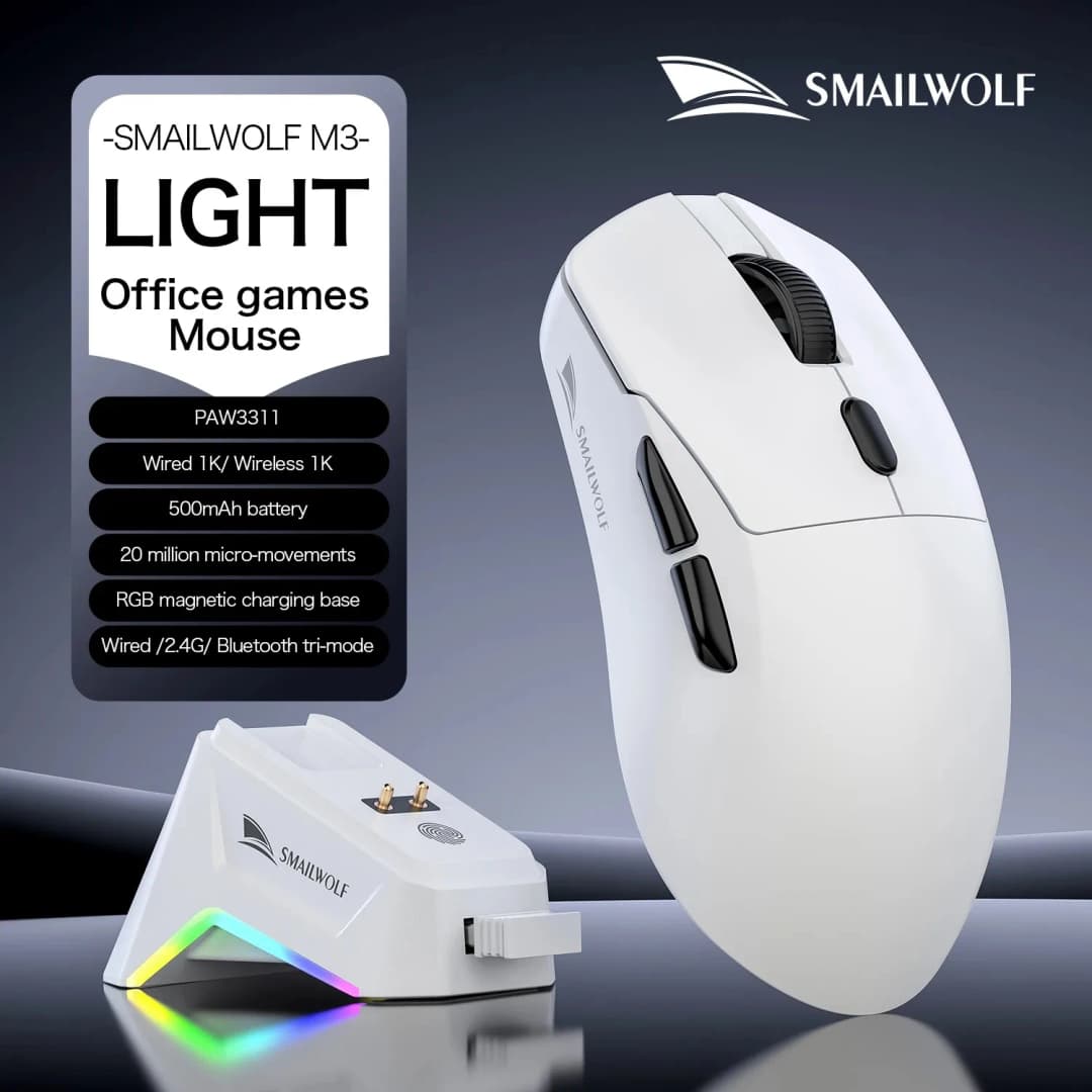 ماوس ألعاب إرجونومي سمايل وولف M3، وضع ثلاثي، مستشعر بصري PAW3311، 12000 نقطة في البوصة، 1000 هرتز، تصميم خفيف الوزن لأجهزة الكمبيوتر المحمولة واللاعبين