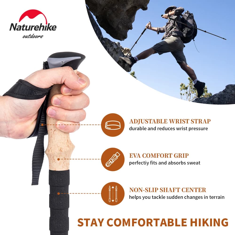 عصي تسلق من Naturehike، 2 قطعة من ألياف الكربون القابلة للطي والتلسكوب، خفيفة الوزن للمشي لمسافات طويلة والتسلق - 4