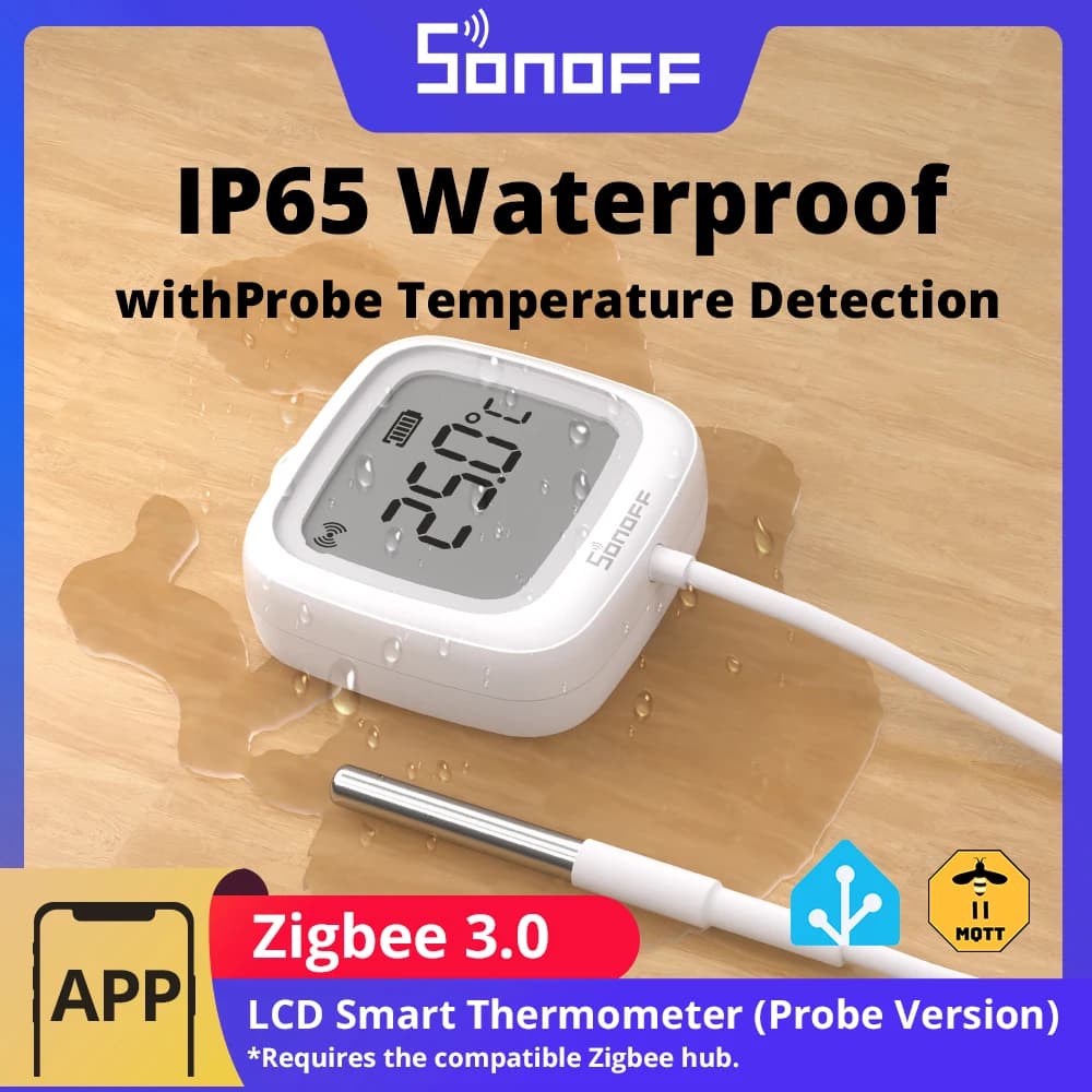 سونوف SNZB-02LD ترمومتر ذكي بشاشة LCD مع مسبار مقاوم للماء IP65 للثلاجة وحوض السمك وقبو النبيذ عبر ZBBridge-P