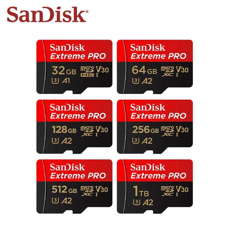 بطاقة Sandisk Extreme PRO الأصلية بسعات 32 جيجابايت/64 جيجابايت/128 جيجابايت/256 جيجابايت/512 جيجابايت/1 تيرابايت بسرعة عالية V30 وبطاقة Micro SD من الفئة 10 UHS-I U3