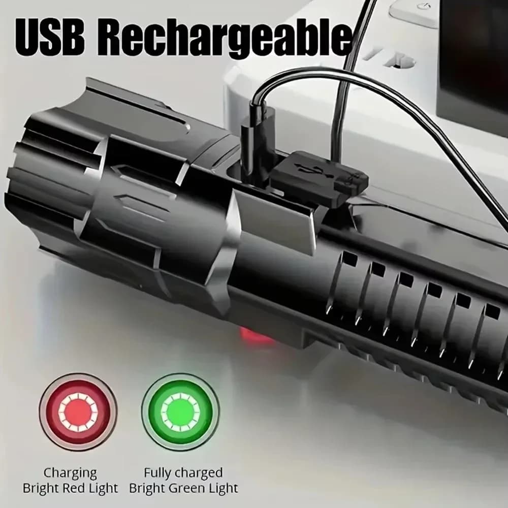 كشاف LED فائق السطوع، كشافات قابلة لإعادة الشحن عبر USB، مع زووم تكتيكي، كشاف قوي، كشاف تخييم وصيد في الهواء الطلق - 6