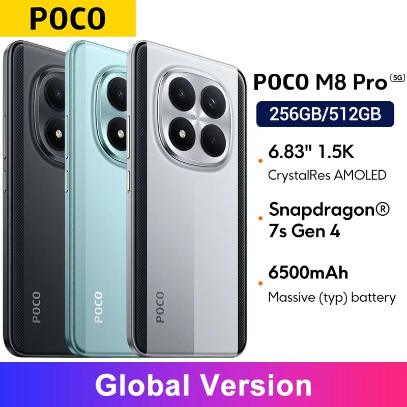 POCO M8 Pro نسخة عالمية هاتف ذكي شاشة 6.83 بوصة معالج Snapdragon® 7s Gen 4 سماعات ستيريو متناظرة 6500 مللي أمبير شحن فائق 100 واط