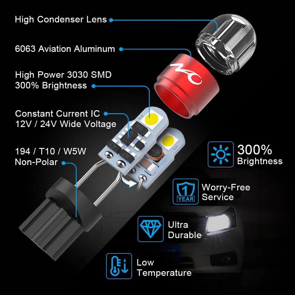 لمبة LED NAO W5W T10 للسيارة إضاءة داخلية تلقائية 3030 SMD 12V 24V مصباح إشارة جانبي للسيارات 168 194 إضاءة مساحات بيضاء - 4