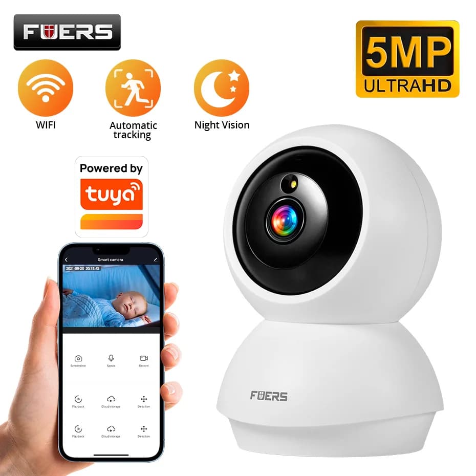 كاميرا Fuers بدقة 5 ميجابكسل بتقنية WiFi، Tuya الذكية للمنزل، داخلية لاسلكية، كاميرا مراقبة IP مع كشف الذكاء الاصطناعي وتتبع تلقائي، مراقبة أمنية للرضع