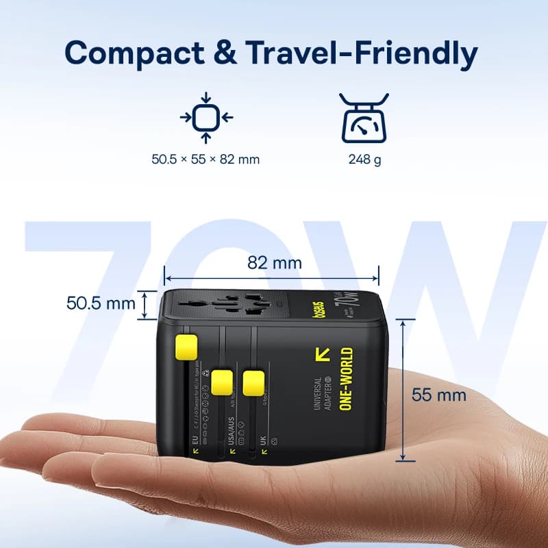 شاحن Baseus GaN محول سفر عالمي كابل قابل للسحب مدمج 70W 2AC 2 USB-A Type-C شحن سريع EU/UK/USA/AUS - 6