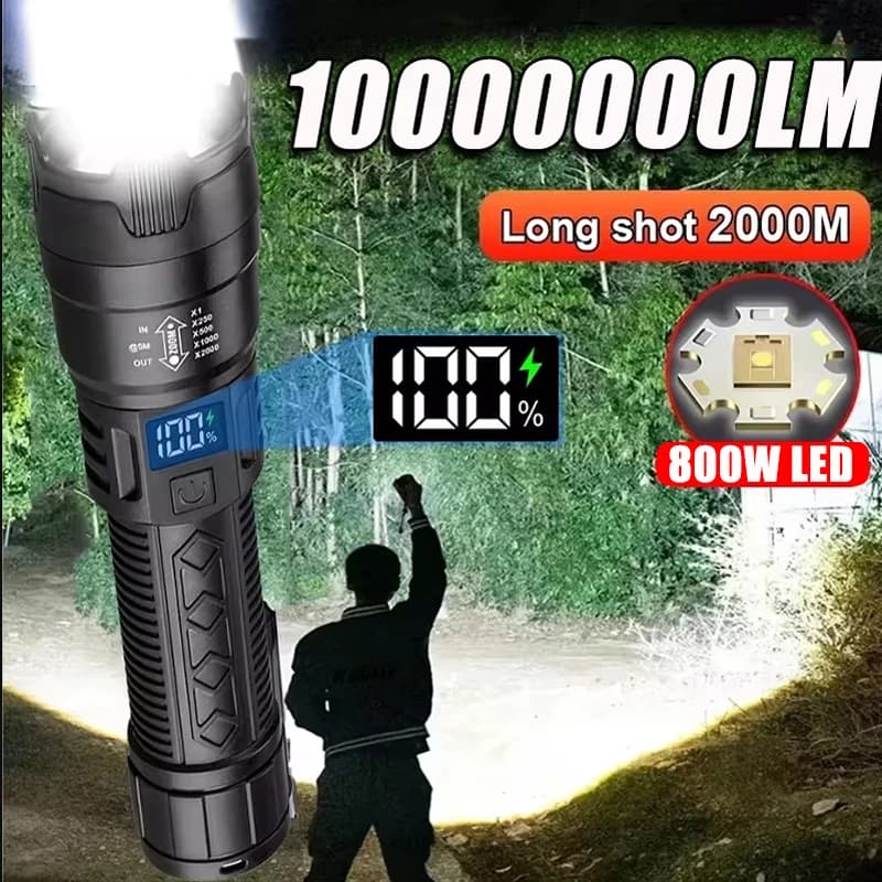 كشاف LED عالي الطاقة 2000 لومن، بطارية مدمجة قابلة لإعادة الشحن عبر USB، كشاف تكتيكي قوي للتخييم والمشي في الهواء الطلق