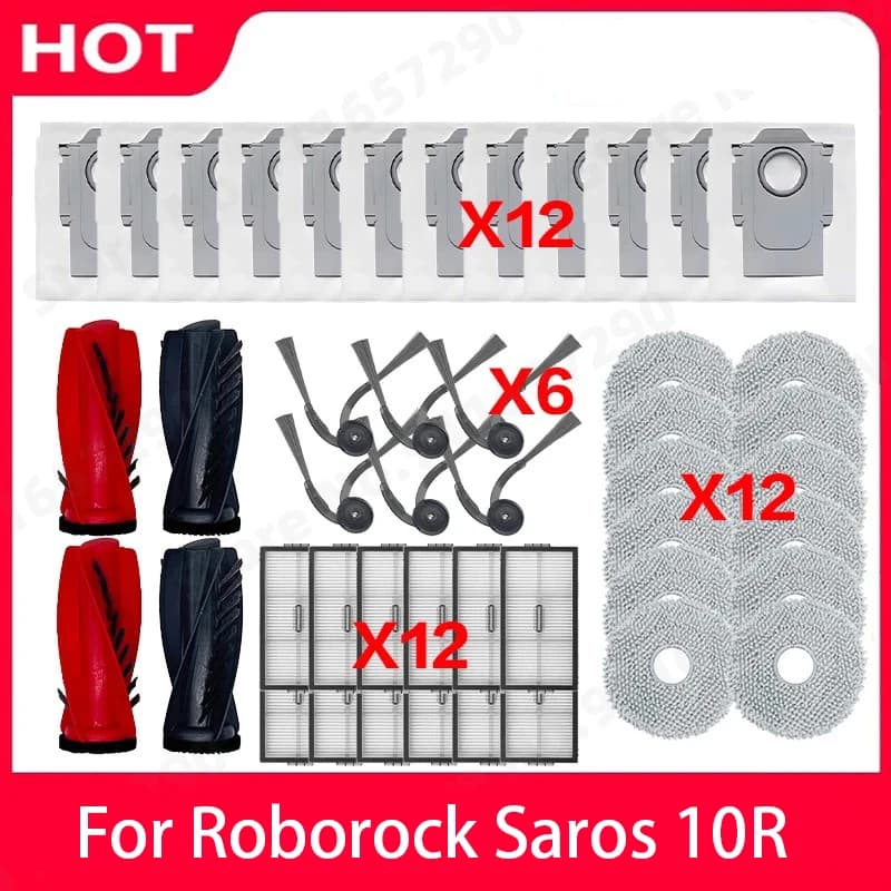 قطع غيار Roborock Saros 10R - فرشاة جانبية، فلتر HEPA، قماش تنظيف، كيس غبار