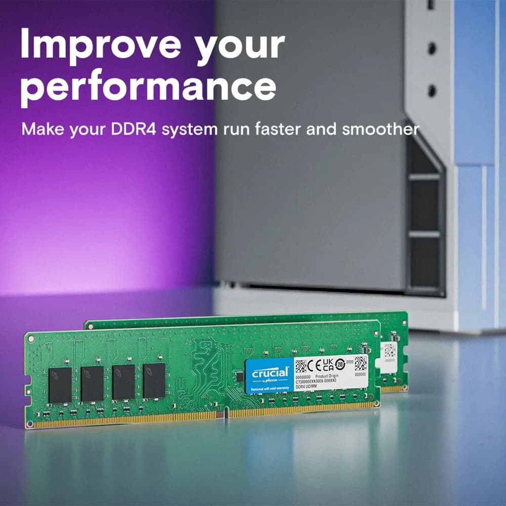 ذاكرة رام كروشيال DDR4 بسعة 4/8/16/32 جيجابايت بتردد 2133/2400/2666/3200 ميجاهرتز لذاكرة سطح المكتب UDIMM 288-Pin متوافقة مع إنتل وAMD رايزن - 2