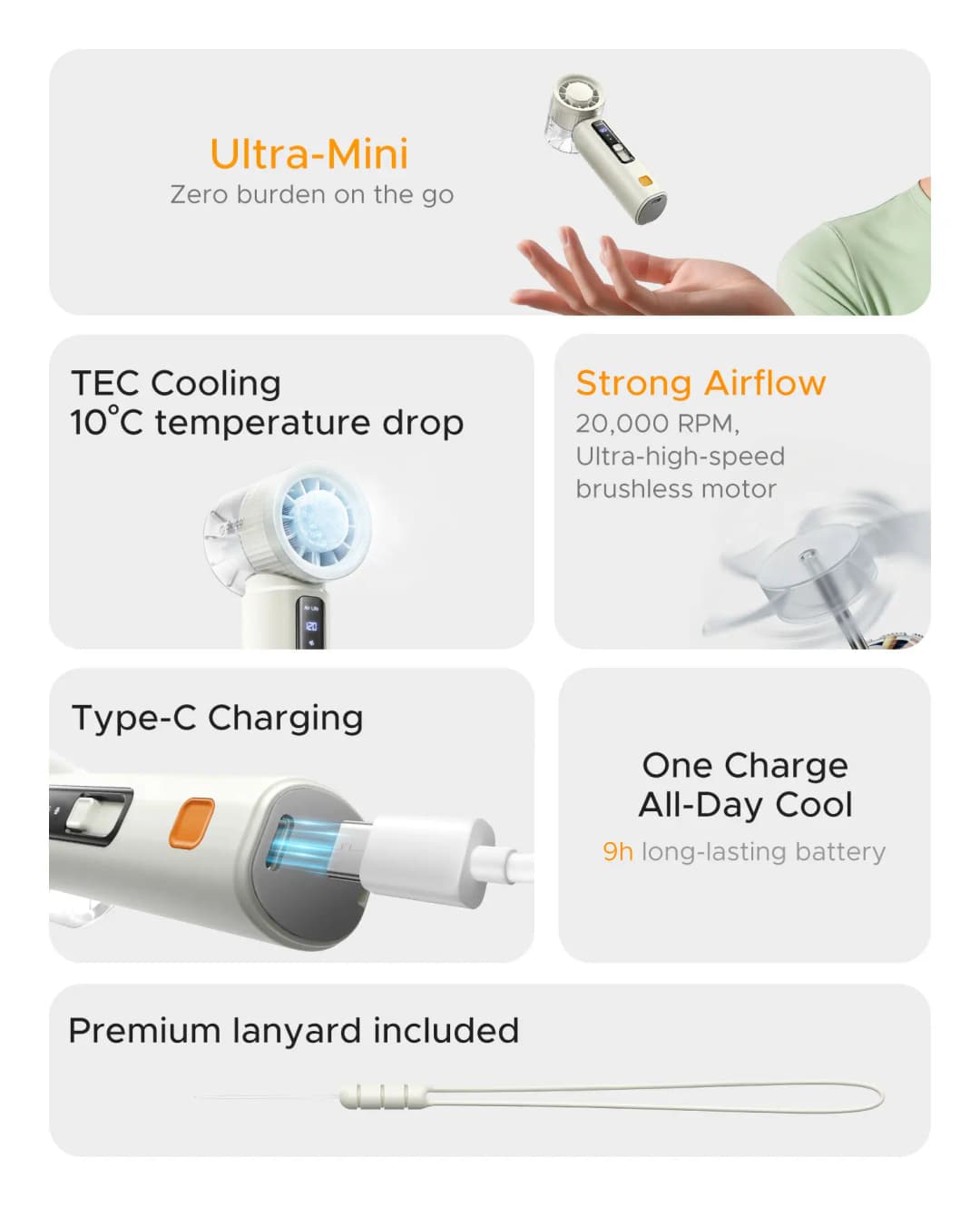 مروحة يدوية محمولة ORICO بتبريد عالي السرعة، بطارية 3000mAh قابلة للشحن، 120 سرعة هواء قابلة للتعديل، قابلة للطي - 2