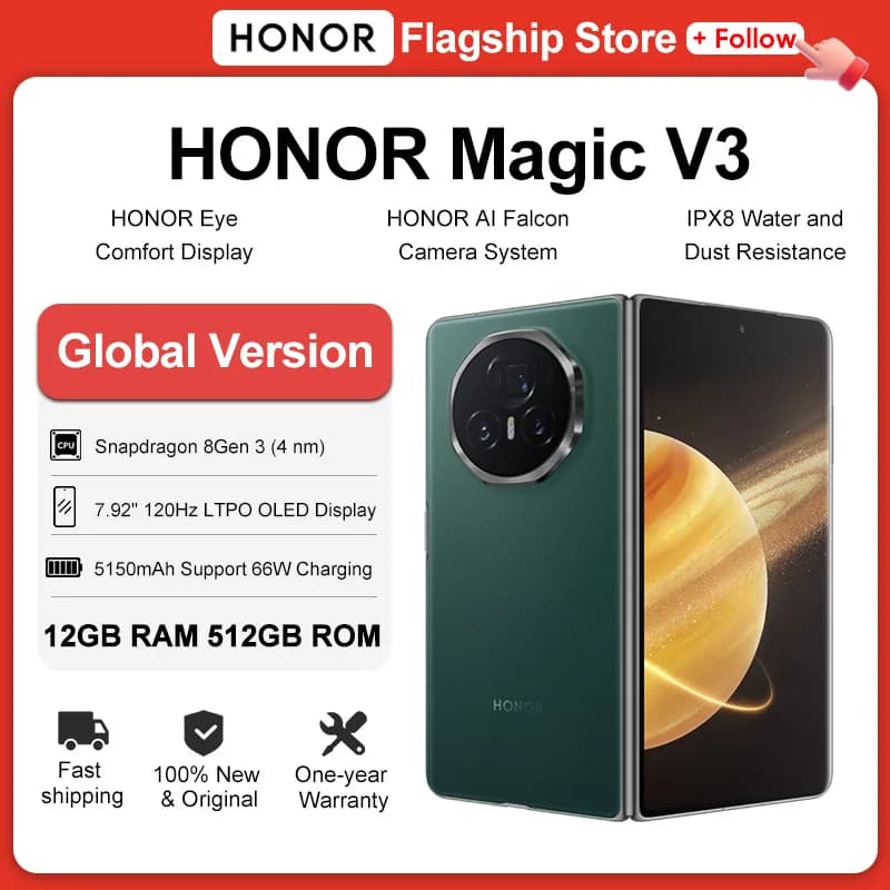 هاتف هونر ماجيك V3 القابل للطي، إصدار عالمي 5G، معالج سنابدراجون 8 الجيل 3، شاشة LTPO OLED مقاس 7.92 بوصة، بطارية 5150 مللي أمبير، شحن فائق السرعة 66 واط