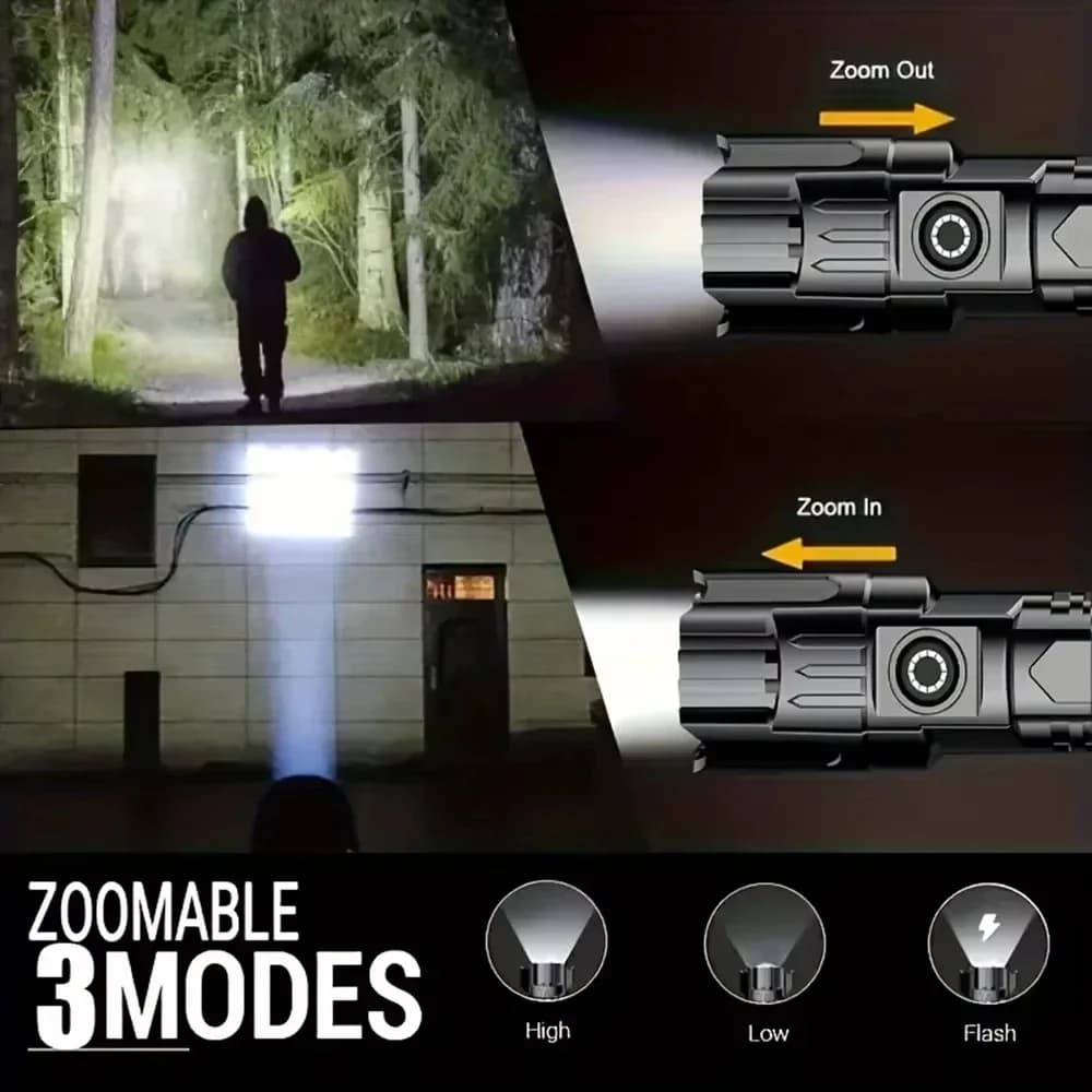 كشاف LED فائق السطوع، كشافات قابلة لإعادة الشحن عبر USB، مع زووم تكتيكي، كشاف قوي، كشاف تخييم وصيد في الهواء الطلق - 2