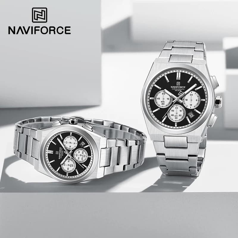 ساعة NAVIFORCE Trend من الفولاذ المقاوم للصدأ للزوجين، كوارتز مع عرض التاريخ، كرونوغراف للعشاق، مقاومة للماء، ساعة يد عصرية