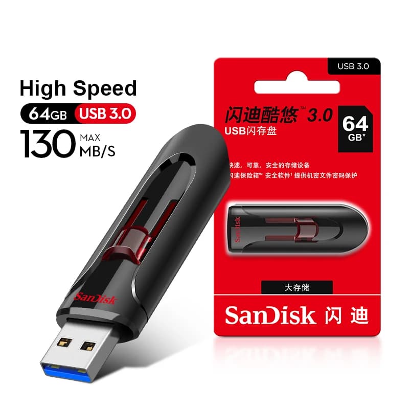 سان ديسك كروزر جلايد 3.0 محرك أقراص فلاش USB بسعات 256 جيجابايت و128 جيجابايت و64 جيجابايت و32 جيجابايت و16 جيجابايت مع منفذ USB 3.0