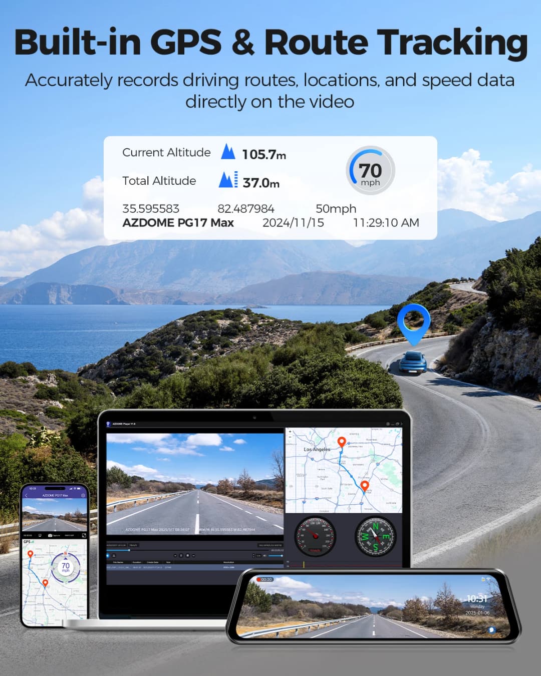 كاميرا AZDOME PG17 MAX الأمامية والخلفية للسيارة بشاشة لمس 12 بوصة ومسجل فيديو للسيارة (DVR) بدقة 4K+2.5K وكاميرا مرآة الرؤية الخلفية مع نظام تحديد المواقع العالمي (GPS) وواي فاي والتحكم الصوتي ونظام ADAS - 6