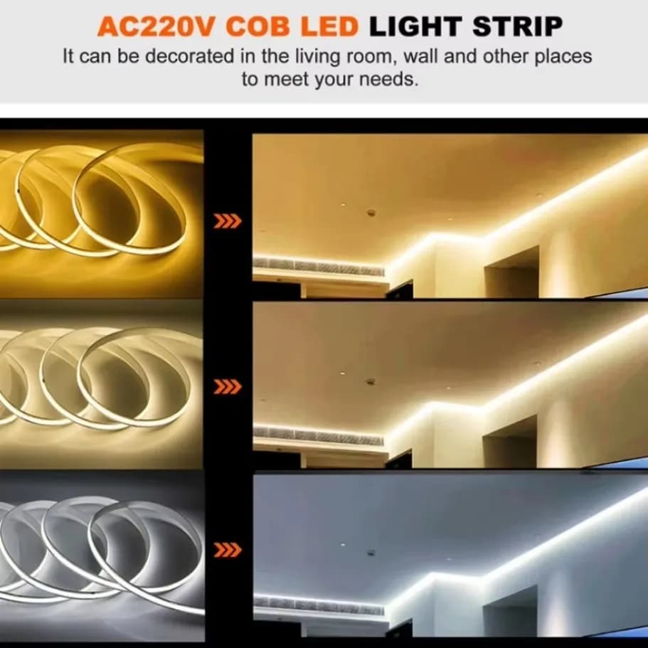 أضواء شريطية مرنة 1-5 متر، 220V، أضواء LED COB مع IC ذكي، لا تحتاج إلى محول، إضاءة خطية عالية السطوع 240 LED، إضاءة بيضاء دافئة RA95 - 5