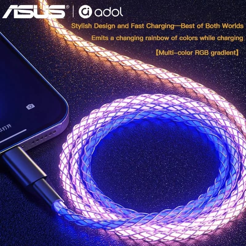 كابل بيانات إضاءة تدرجية مضيئة RGB للشحن السريع من ASUS بقوة 66 واط TYPE-C لشحن iPhone 15 وXiaomi وSamsung - 6