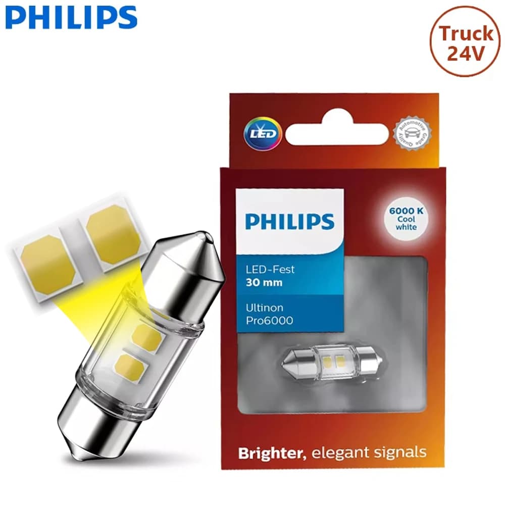 مصباح لوحة ترخيص داخلي للشاحنات من فيليبس 24V LED C5W بطول 30 مم من نوع فيستون ألتنيون برو6000 بدرجة حرارة لون 6000K أبيض، موديل 24844CU60X1
