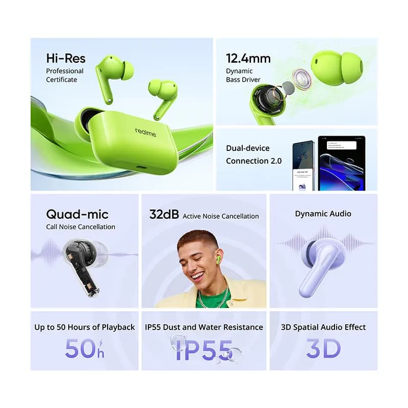سماعات realme Buds T200 TWS، إلغاء ضوضاء نشط 32dB، مشغل باس ديناميكي 12.4 ملم، بلوتوث 5.4، مقاومة للماء IP55، شهادة Hi-Res - 2