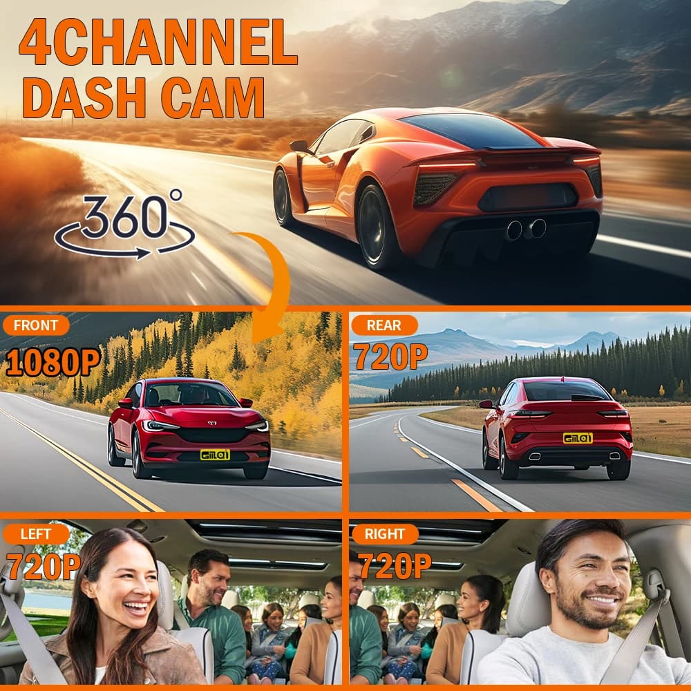 داشكام للسيارات 4 قنوات مع واي فاي وكاميرا قيادة FHD 1080P ورؤية ليلية وتسجيل حلقي وإكسسوارات إضافية - 2