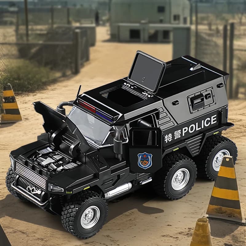نموذج شاحنة شرطة SWAT مقياس 1:32، مركبة طرق وعرة مع صوت وإضاءة، هدية للأطفال - 6