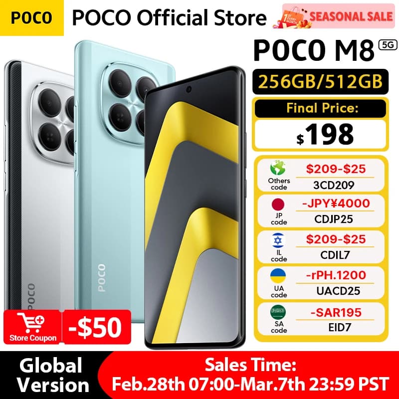هاتف ذكي POCO M8 5G إصدار عالمي 256GB 512GB معالج Snapdragon® 6 Gen 3 NFC شاشة 6.77 بوصة 120Hz كاميرا رئيسية 50MP شحن 45W