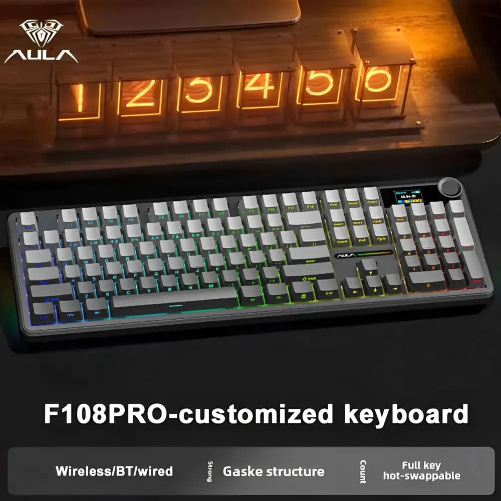 لوحة مفاتيح ميكانيكية AULA F108 Pro للألعاب، ثلاثية الوضع، مخصصة، متعددة المقابض، شاشة RGB، مع شاشة TFT الذكية - 2