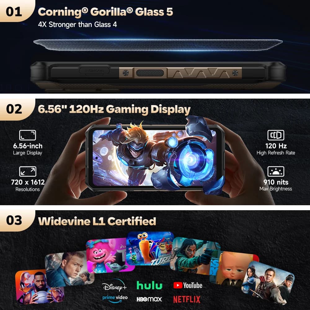 هاتف Ulefone Armor X16 Pro 5G المتين ببطارية 10360 مللي أمبير في الساعة وذاكرة وصول عشوائي 16 جيجابايت وذاكرة قراءة فقط 256 جيجابايت وشاشة 120 هرتز مقاس 6.56 بوصة مزود بتقنية NFC ونظام أندرويد مع Google Gemini - 4