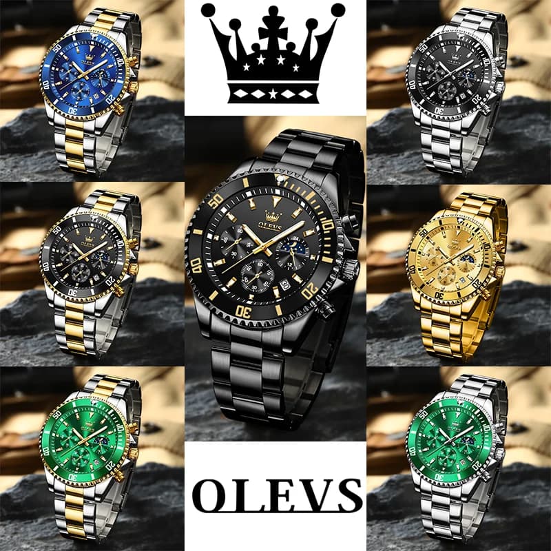 ساعات OLEVS رجالية ماركة فاخرة ساعة أصلية مقاومة للماء من الفولاذ المقاوم للصدأ كرونوغراف مرحلة القمر تاريخ ميناء دوار - 6