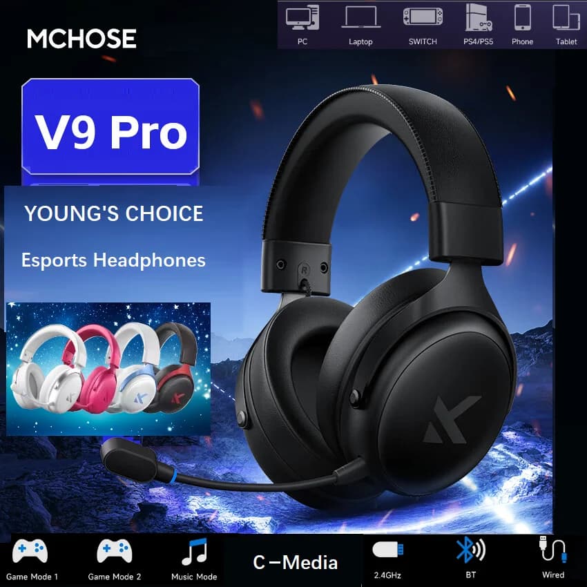 سماعات رأس للألعاب الرياضية الإلكترونية من MCHOSE V9 PRO، سماعات رأس مخصصة مع ميكروفون لاسلكي لتقليل الضوضاء بثلاثة أوضاع