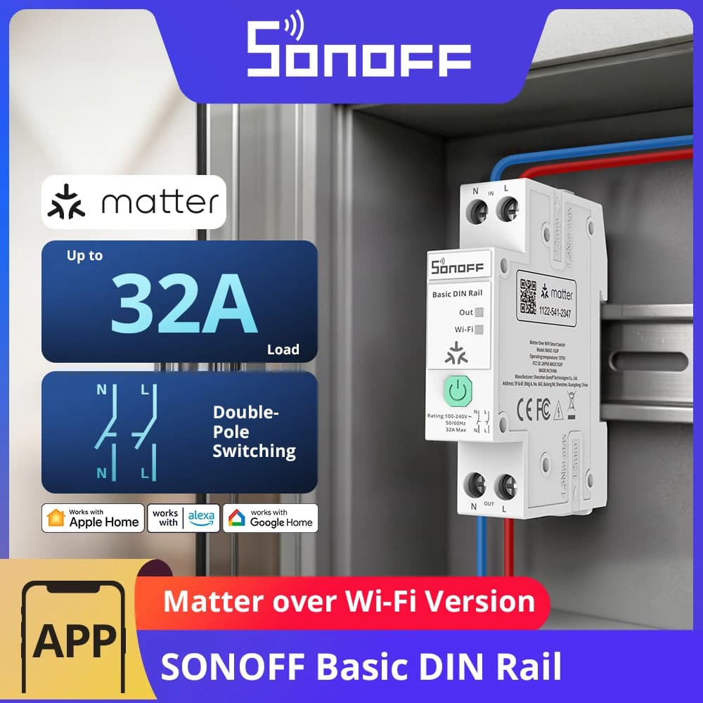 مفتاح SONOFF BASIC-1GSP الأساسي أحادي القناة على قضبان DIN مراقبة استهلاك الطاقة عبر WiFi حماية من الحمل الزائد حتى 32 أمبير