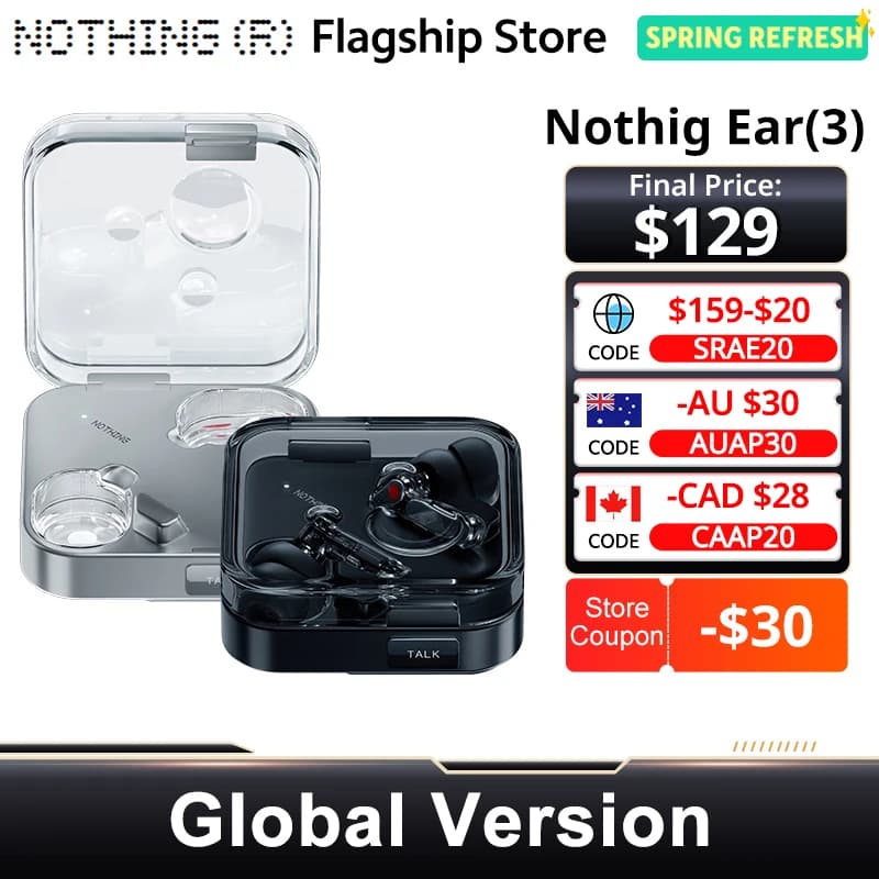Ear (3) New Nothing Super Mic 12mm Dynamic Wireless Earbuds Hi-Res 6 Mics Bluetooth Headphone 45dB Hybrid Active Noise Canceling