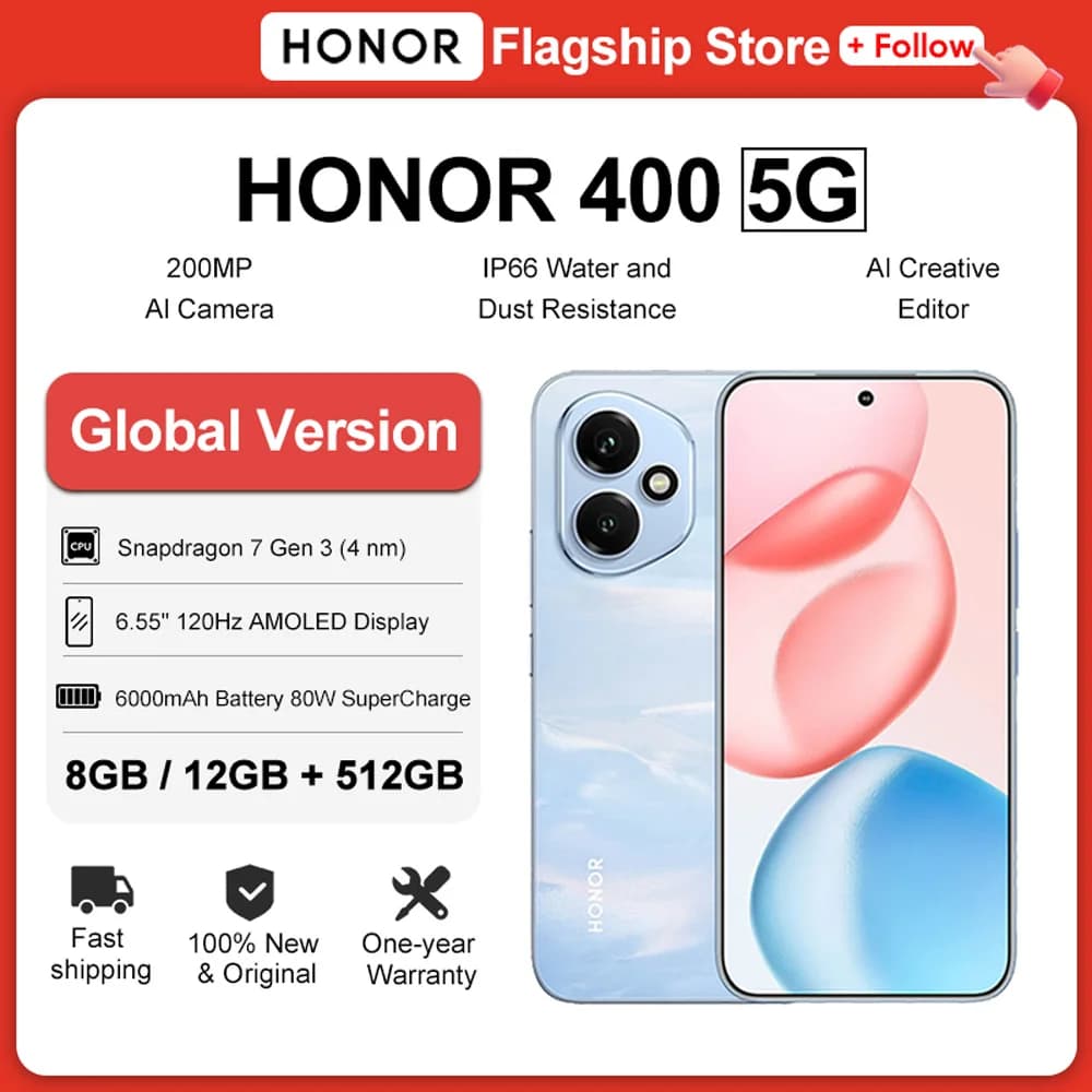 هاتف HONOR 400 الجديد إصدار عالمي 5G بشاشة AMOLED مقاس 6.55 بوصة وكاميرا 200 ميجابكسل ومعالج Snapdragon 7 Gen 3 وبطارية 6000 مللي أمبير في الساعة وشحن فائق السرعة 80 واط