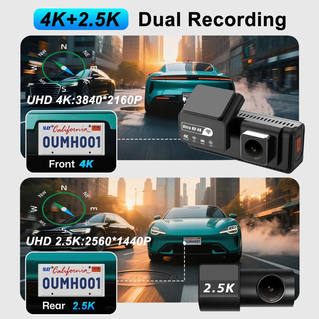 كاميرا ADAS للسيارة بدقة 4K+2.5K مع نظام تحديد المواقع العالمي (GPS) وواي فاي ورؤية ليلية 24 ساعة وعدسة خلفية اختيارية ومسجل فيديو للسيارة (DVR) وكاميرا تسجيل فيديو لصندوق السيارة الأسود - 4